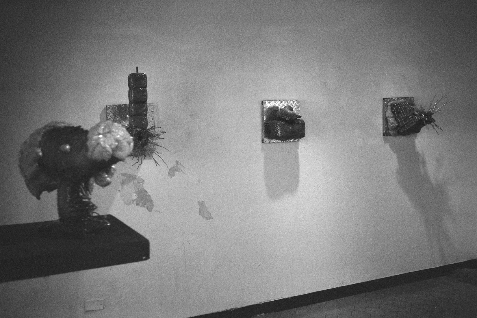 Sculptural wall works photographed in black and white
